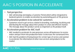 AAC’S POSITION IN ACCELERATE
Tool perspective
AAC will develop and deploy a Customer Portal which will be integrated to
backend systems to enable acceleration by automating parts of the process
Acceleration problem to be solved for customers
Customers need to get services related to branding, marketing, localising and
distributing the message about their product in a fast and efficient manner.
The message about the product can be as important as the product itself.
Acceleration problem for AAC itself
AAC needed to accelerate its own processes across all businesses to receive
orders and put them into production faster to decrease the turnaround time.
AAC had the problem of being known for certain type of service and wanted
to accelerate the information of other new services and products to the
market
Getting your message through 5
 