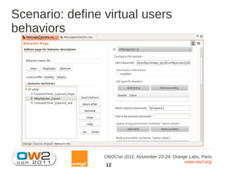 Scenario: define virtual users
behaviors




                 OW2Con 2011, November 23-24, Orange Labs, Paris.
                                                   www.ow2.org.
                 12
 