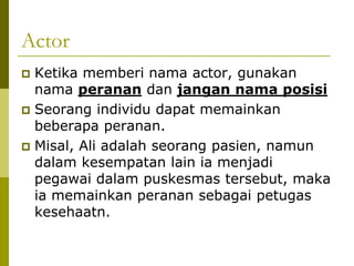 Actor
 Ketika memberi nama actor, gunakan
  nama peranan dan jangan nama posisi
 Seorang individu dapat memainkan
  beberapa peranan.
 Misal, Ali adalah seorang pasien, namun
  dalam kesempatan lain ia menjadi
  pegawai dalam puskesmas tersebut, maka
  ia memainkan peranan sebagai petugas
  kesehaatn.
 