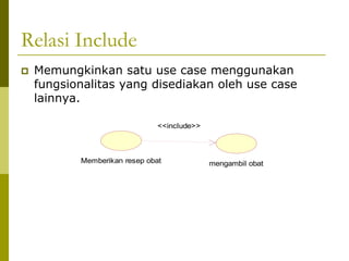 Relasi Include
   Memungkinkan satu use case menggunakan
    fungsionalitas yang disediakan oleh use case
    lainnya.

                               <<include>>



           Memberikan resep obat             mengambil obat
 