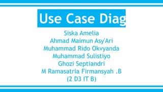 Use Case Diagram 
Siska Amelia 
Ahmad Maimun Asy'Ari 
Muhammad Rido Okvyanda 
Muhammad Sulistiyo 
Ghozi Septiandri 
M Ramasatria Firmansyah .B 
(2 D3 IT B) 
