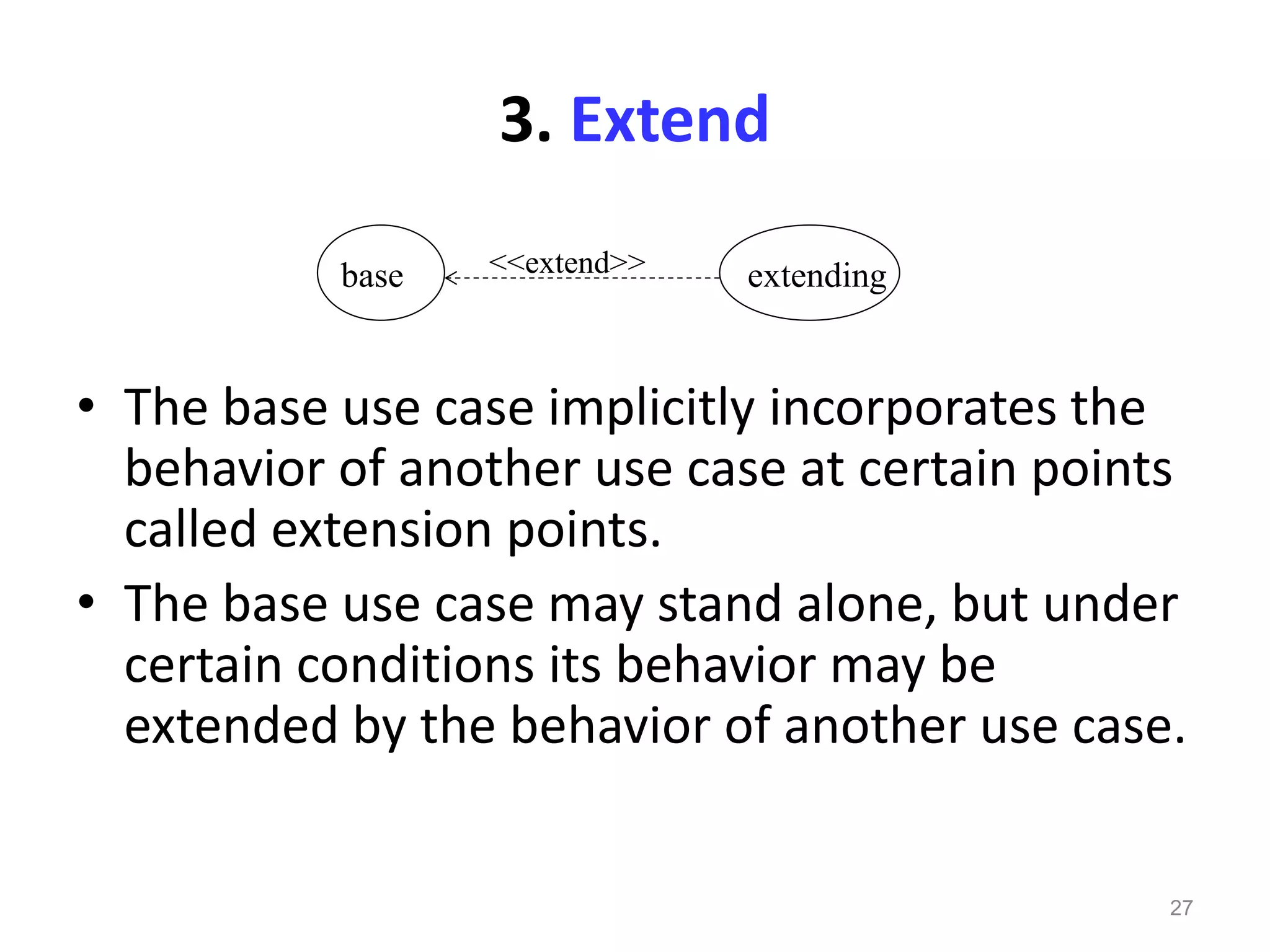 27
• The base use case implicitly incorporates the
behavior of another use case at certain points
called extension points.
• The base use case may stand alone, but under
certain conditions its behavior may be
extended by the behavior of another use case.
base extending<<extend>>
3. Extend
 