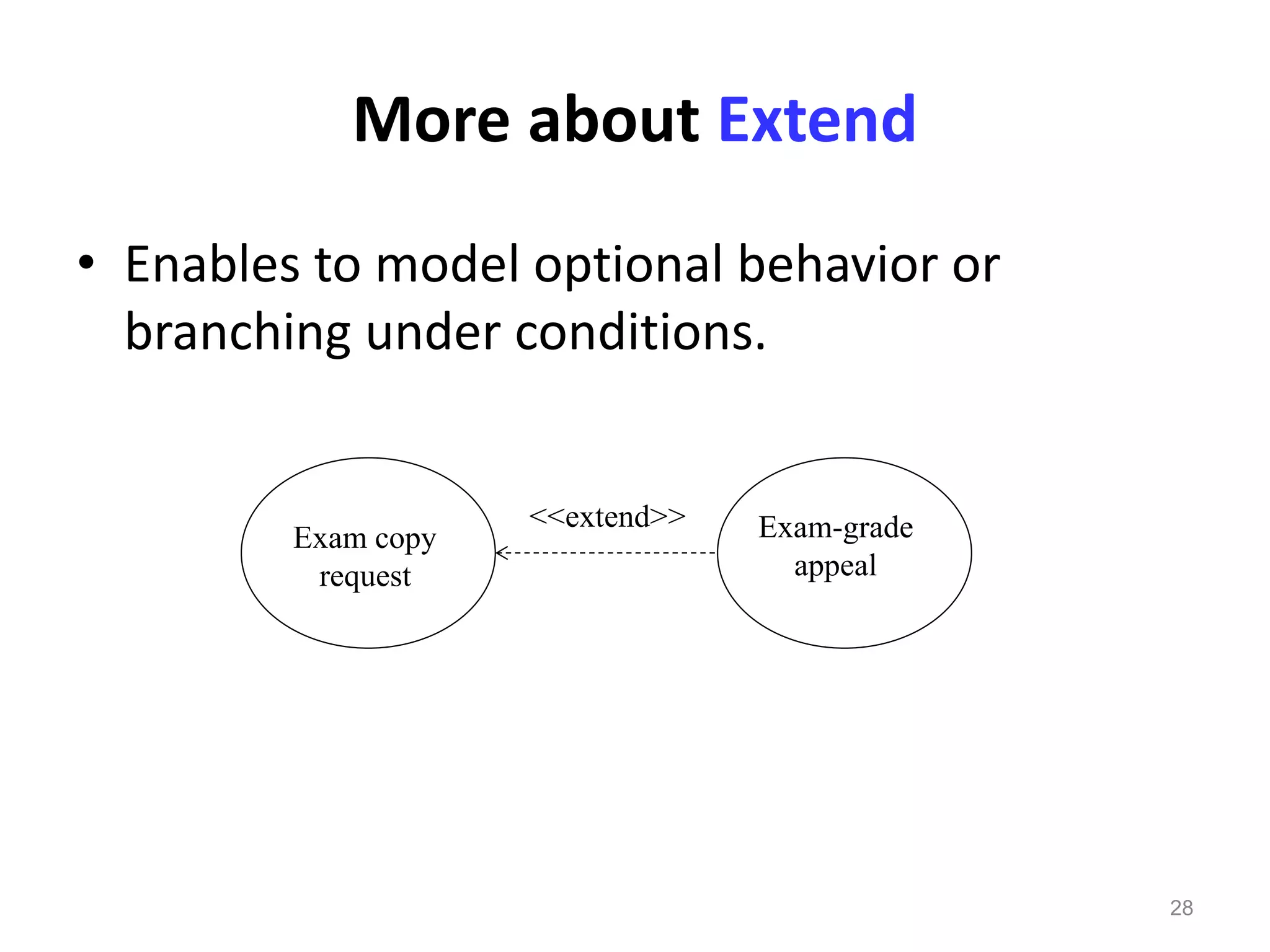 28
More about Extend
• Enables to model optional behavior or
branching under conditions.
Exam copy
request
Exam-grade
appeal
<<extend>>
 