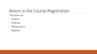 Actors in the Course Registration
The actors are
◦ Student
◦ Professor
◦ Billing System
◦ Registrar
 