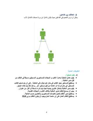 4
3-‫الفاعلين‬ ‫بين‬ ‫العالقات‬
‫ي‬‫الفاعلين‬ ‫في‬ ‫التعميم‬ ‫نرى‬ ‫ان‬ ‫مكن‬‫االب‬ ‫الفاعل‬ ‫صفات‬ ‫يرث‬ ‫ابن‬ ‫فاعل‬ ‫يكون‬ ‫حيث‬
‫العملية‬ ‫التطبيقات‬
1-: ‫المكتبة‬ ‫نظام‬
‫من‬ ‫النظام‬ ‫في‬ ً‫ا‬‫مسبق‬ ‫المسجلين‬ ‫للمستعيرين‬ ‫المجالت‬ ‫و‬ ‫الكتب‬ ‫بإعارة‬ ‫المكتبة‬ ‫عامل‬ ‫يقوم‬
. ‫المكتبة‬ ‫مدير‬ ‫قبل‬
‫الكتاب‬ ‫تسليم‬ ‫يتم‬ ‫أن‬ ‫على‬ , ‫المكتبة‬ ‫في‬ ‫توفره‬ ‫عدم‬ ‫حال‬ ‫في‬ ‫الكتاب‬ ‫حجز‬ ‫المستعير‬ ‫يستطيع‬
‫الحج‬ ‫إلغاء‬ ‫يتم‬ ‫ذلك‬ ‫وعند‬ , ‫آخر‬ ‫مستعير‬ ‫قبل‬ ‫من‬ ‫إعادته‬ ‫أو‬ ‫شرائه‬ ‫حال‬ ‫في‬ ‫للمستعير‬.‫ز‬
. ‫عنوان‬ ‫من‬ ‫أكثر‬ ‫أو‬ ‫نسخة‬ ‫شراء‬ ‫يتم‬ ‫حيث‬ ‫جديدة‬ ‫عناوين‬ ‫بإدخال‬ ‫المكتبة‬ ‫مدير‬ ‫يقوم‬
.‫القديمة‬ ‫المجالت‬ ‫و‬ ‫الكتب‬ ‫بإتالف‬ ‫المكتبة‬ ‫لمدير‬ ‫النظام‬ ‫يسمح‬ ‫أن‬ ‫يجب‬
. ‫الحاجة‬ ‫حسب‬ ‫والعناوين‬ ‫المستعيرين‬ ‫معلومات‬ ‫تعديل‬ ‫النظام‬ ‫مدير‬ ‫يستطيع‬
‫يك‬ ‫أن‬ ‫ويجب‬ ‫عمل‬ ‫منصة‬ ‫أي‬ ‫على‬ ‫العمل‬ ‫النظام‬ ‫يستطيع‬‫مرئي‬ ‫النظام‬ ‫ون‬GUI
 