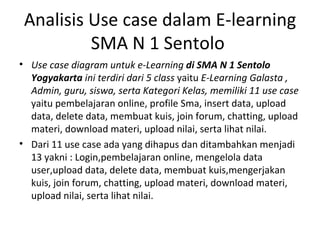 <ul><li>Use case diagram untuk e-Learning  di SMA N 1 Sentolo Yogyakarta  ini terdiri dari 5 class  yaitu  E-Learning  Gal...