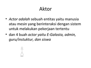 Aktor <ul><li>Actor adalah  sebuah entitas yaitu manusia atau mesin yang berinteraksi dengan sistem untuk melakukan pekerj...