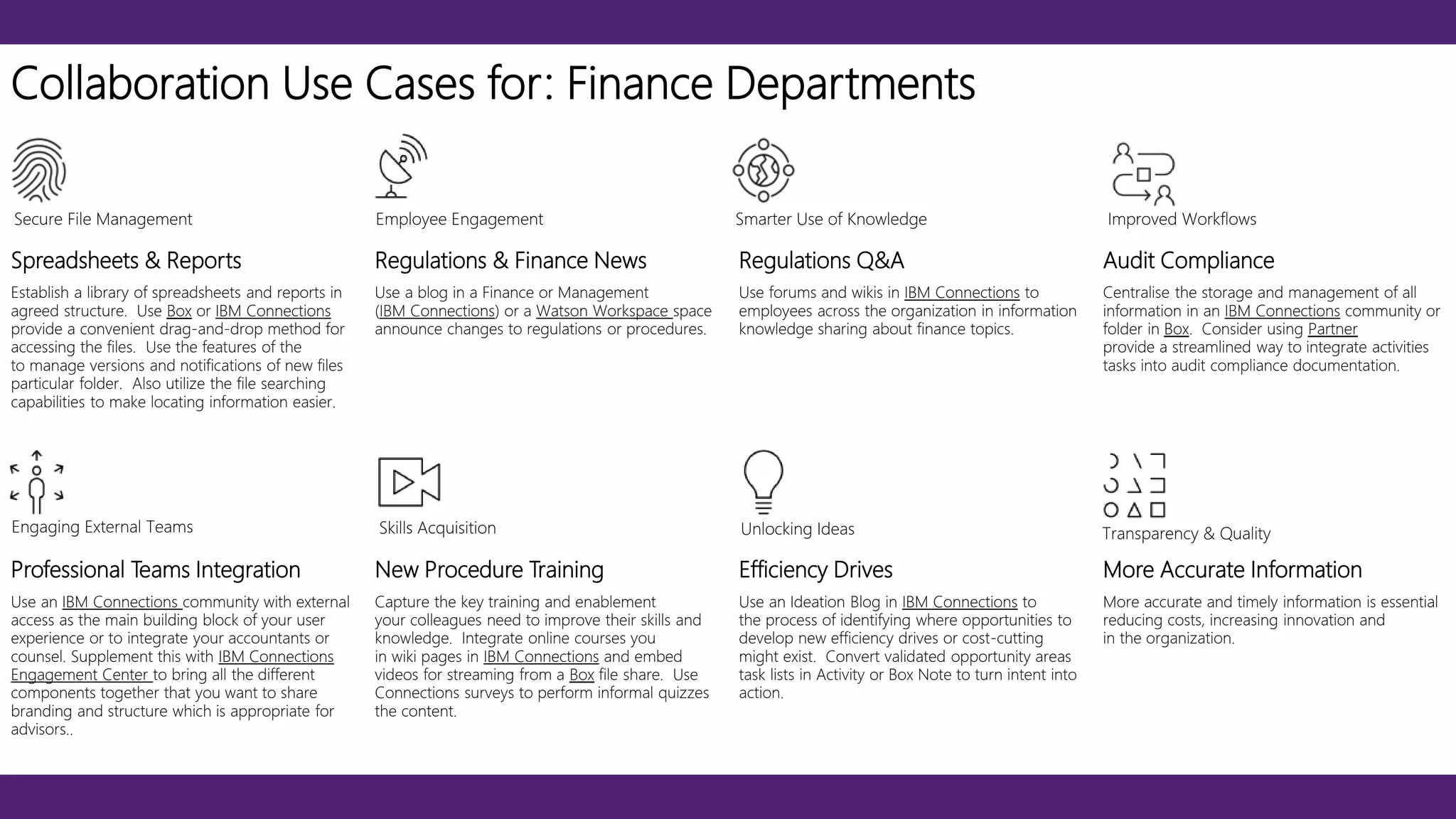 Spreadsheets & Reports Regulations & Finance News Regulations Q&A Audit Compliance
Establish a library of spreadsheets and reports in
agreed structure. Use Box or IBM Connections
provide a convenient drag-and-drop method for
accessing the files. Use the features of the
to manage versions and notifications of new files
particular folder. Also utilize the file searching
capabilities to make locating information easier.
Use a blog in a Finance or Management
(IBM Connections) or a Watson Workspace space
announce changes to regulations or procedures.
Use forums and wikis in IBM Connections to
employees across the organization in information
knowledge sharing about finance topics.
Centralise the storage and management of all
information in an IBM Connections community or
folder in Box. Consider using Partner
provide a streamlined way to integrate activities
tasks into audit compliance documentation.
Professional Teams Integration New Procedure Training Efficiency Drives More Accurate Information
Use an IBM Connections community with external
access as the main building block of your user
experience or to integrate your accountants or
counsel. Supplement this with IBM Connections
Engagement Center to bring all the different
components together that you want to share
branding and structure which is appropriate for
advisors..
Capture the key training and enablement
your colleagues need to improve their skills and
knowledge. Integrate online courses you
in wiki pages in IBM Connections and embed
videos for streaming from a Box file share. Use
Connections surveys to perform informal quizzes
the content.
Use an Ideation Blog in IBM Connections to
the process of identifying where opportunities to
develop new efficiency drives or cost-cutting
might exist. Convert validated opportunity areas
task lists in Activity or Box Note to turn intent into
action.
More accurate and timely information is essential
reducing costs, increasing innovation and
in the organization.
Collaboration Use Cases for: Finance Departments
Secure File Management Employee Engagement Smarter Use of Knowledge Improved Workflows
Engaging External Teams Skills Acquisition Unlocking Ideas Transparency & Quality
 