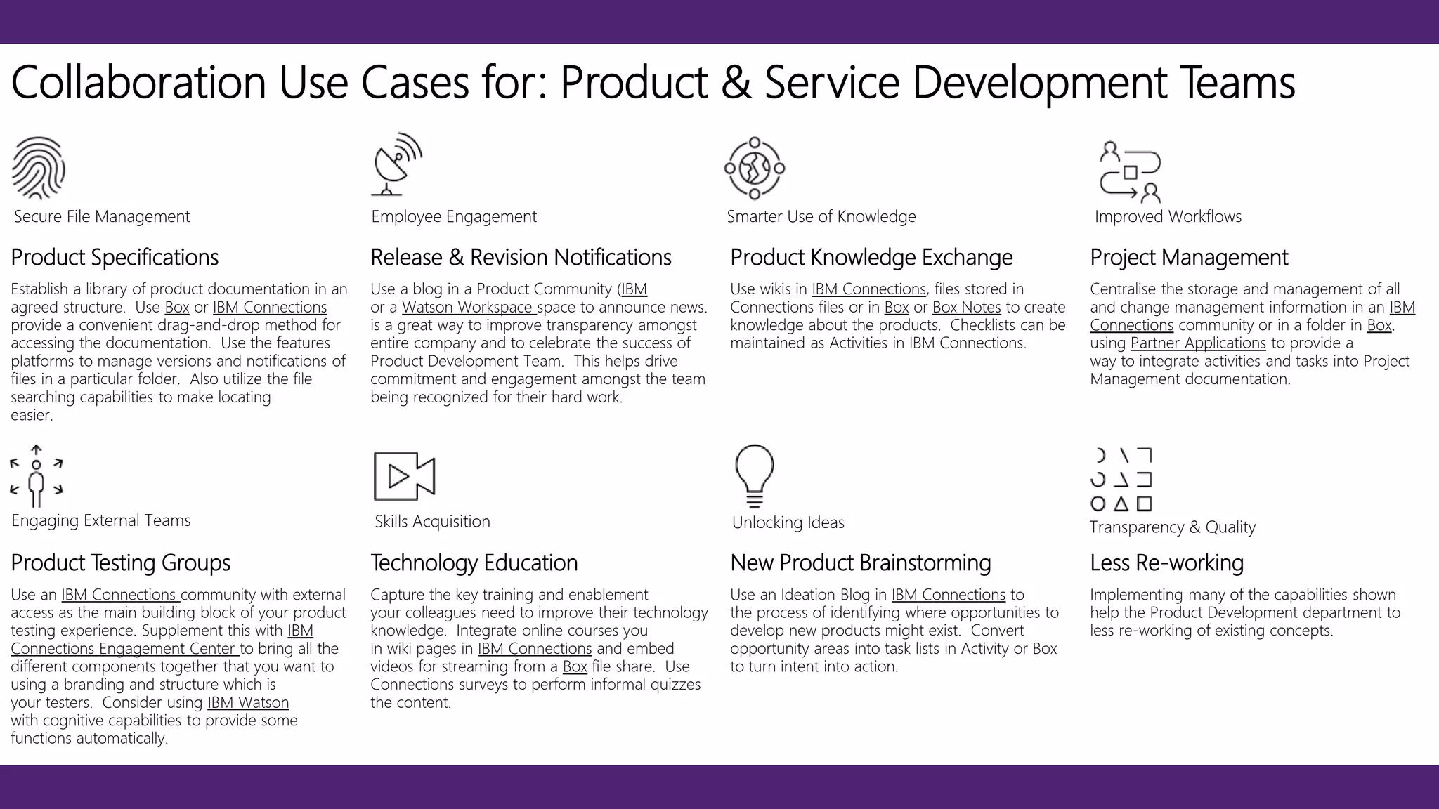 Product Specifications Release & Revision Notifications Product Knowledge Exchange Project Management
Establish a library of product documentation in an
agreed structure. Use Box or IBM Connections
provide a convenient drag-and-drop method for
accessing the documentation. Use the features
platforms to manage versions and notifications of
files in a particular folder. Also utilize the file
searching capabilities to make locating
easier.
Use a blog in a Product Community (IBM
or a Watson Workspace space to announce news.
is a great way to improve transparency amongst
entire company and to celebrate the success of
Product Development Team. This helps drive
commitment and engagement amongst the team
being recognized for their hard work.
Use wikis in IBM Connections, files stored in
Connections files or in Box or Box Notes to create
knowledge about the products. Checklists can be
maintained as Activities in IBM Connections.
Centralise the storage and management of all
and change management information in an IBM
Connections community or in a folder in Box.
using Partner Applications to provide a
way to integrate activities and tasks into Project
Management documentation.
Product Testing Groups Technology Education New Product Brainstorming Less Re-working
Use an IBM Connections community with external
access as the main building block of your product
testing experience. Supplement this with IBM
Connections Engagement Center to bring all the
different components together that you want to
using a branding and structure which is
your testers. Consider using IBM Watson
with cognitive capabilities to provide some
functions automatically.
Capture the key training and enablement
your colleagues need to improve their technology
knowledge. Integrate online courses you
in wiki pages in IBM Connections and embed
videos for streaming from a Box file share. Use
Connections surveys to perform informal quizzes
the content.
Use an Ideation Blog in IBM Connections to
the process of identifying where opportunities to
develop new products might exist. Convert
opportunity areas into task lists in Activity or Box
to turn intent into action.
Implementing many of the capabilities shown
help the Product Development department to
less re-working of existing concepts.
Collaboration Use Cases for: Product & Service Development Teams
Secure File Management Employee Engagement Smarter Use of Knowledge Improved Workflows
Engaging External Teams Skills Acquisition Unlocking Ideas Transparency & Quality
 