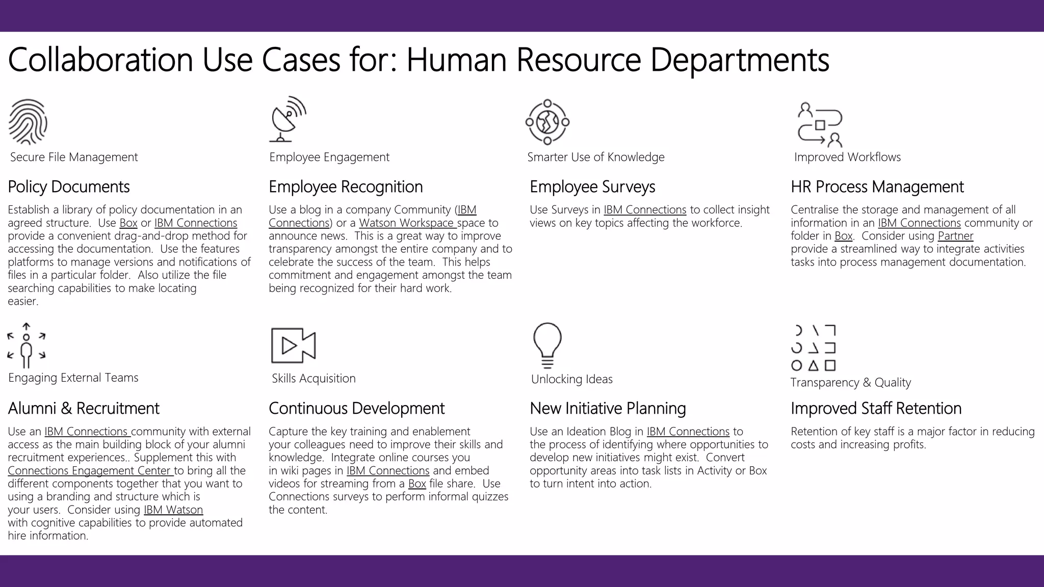 Policy Documents Employee Recognition Employee Surveys HR Process Management
Establish a library of policy documentation in an
agreed structure. Use Box or IBM Connections
provide a convenient drag-and-drop method for
accessing the documentation. Use the features
platforms to manage versions and notifications of
files in a particular folder. Also utilize the file
searching capabilities to make locating
easier.
Use a blog in a company Community (IBM
Connections) or a Watson Workspace space to
announce news. This is a great way to improve
transparency amongst the entire company and to
celebrate the success of the team. This helps
commitment and engagement amongst the team
being recognized for their hard work.
Use Surveys in IBM Connections to collect insight
views on key topics affecting the workforce.
Centralise the storage and management of all
information in an IBM Connections community or
folder in Box. Consider using Partner
provide a streamlined way to integrate activities
tasks into process management documentation.
Alumni & Recruitment Continuous Development New Initiative Planning Improved Staff Retention
Use an IBM Connections community with external
access as the main building block of your alumni
recruitment experiences.. Supplement this with
Connections Engagement Center to bring all the
different components together that you want to
using a branding and structure which is
your users. Consider using IBM Watson
with cognitive capabilities to provide automated
hire information.
Capture the key training and enablement
your colleagues need to improve their skills and
knowledge. Integrate online courses you
in wiki pages in IBM Connections and embed
videos for streaming from a Box file share. Use
Connections surveys to perform informal quizzes
the content.
Use an Ideation Blog in IBM Connections to
the process of identifying where opportunities to
develop new initiatives might exist. Convert
opportunity areas into task lists in Activity or Box
to turn intent into action.
Retention of key staff is a major factor in reducing
costs and increasing profits.
Collaboration Use Cases for: Human Resource Departments
Secure File Management Employee Engagement Smarter Use of Knowledge Improved Workflows
Engaging External Teams Skills Acquisition Unlocking Ideas Transparency & Quality
 