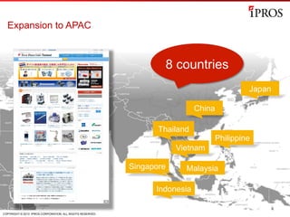 COPYRIGHT © 2013 IPROS CORPORATION. ALL RIGHTS RESERVED.
Expansion to APAC
Japan
MalaysiaSingapore
Thailand
China
Indonesia
Philippine
Vietnam
8 countries
 
