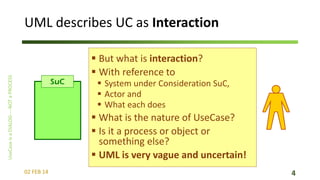 UML describes UC as Interaction

SuC

 But what is interaction?
 With reference to

 System under Consideration SuC,
 Actor and
 What each does

 What is the nature of UseCase?
 Is it a process or object or
something else?
 UML is very vague and uncertain!
02 FEB 14

4

 