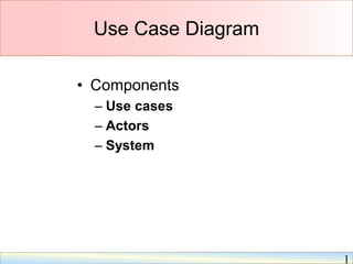 1
Use Case Diagram
• Components
– Use cases
– Actors
– System
 