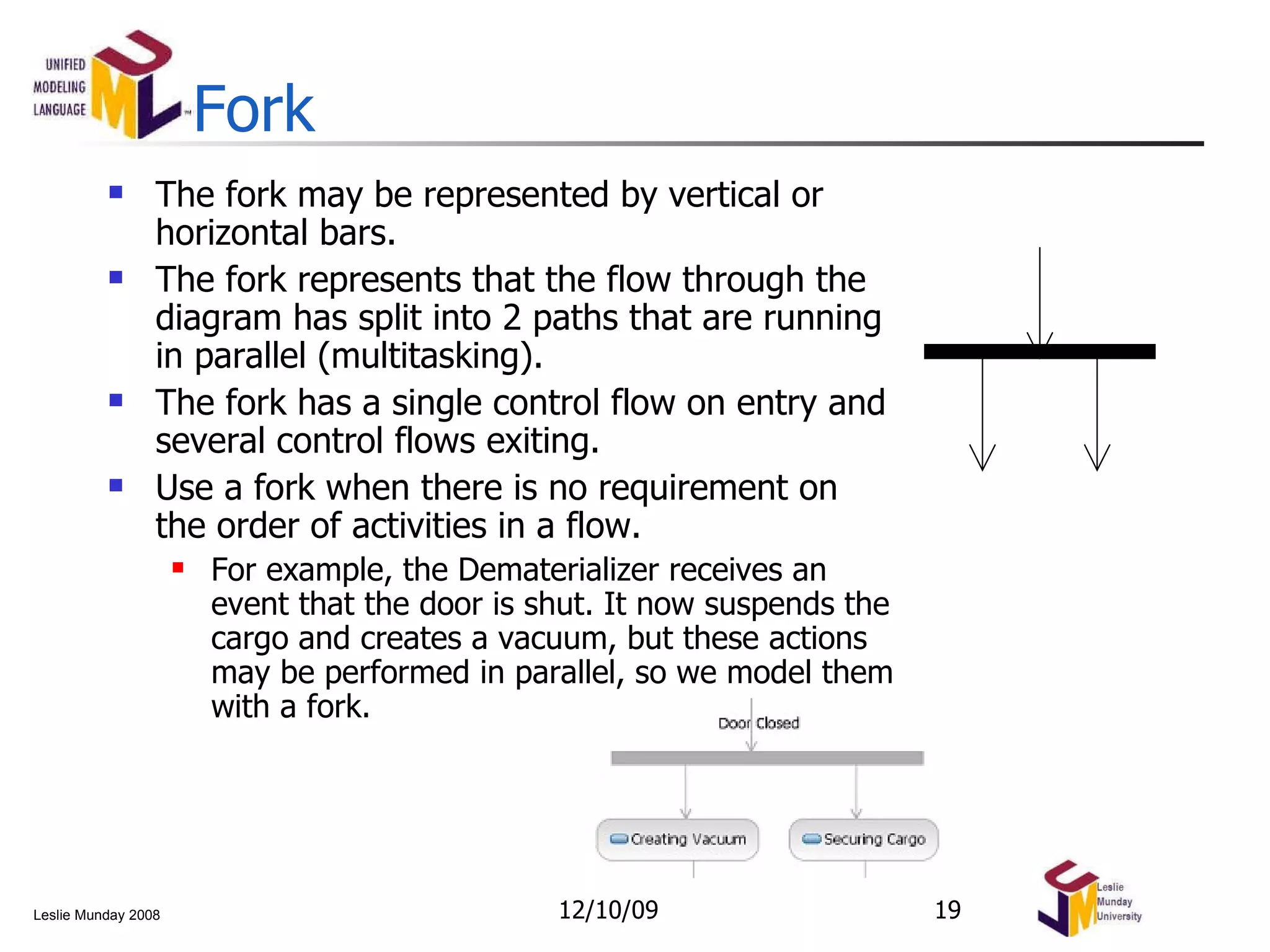 Fork The fork may be represented by vertical or horizontal bars. The fork represents that the flow through the diagram has split into 2 paths that are running in parallel (multitasking). The fork has a single control flow on entry and several control flows exiting. Use a fork when there is no requirement on the order of activities in a flow.  For example, the Dematerializer receives an event that the door is shut. It now suspends the cargo and creates a vacuum, but these actions may be performed in parallel, so we model them with a fork. 06/08/09 