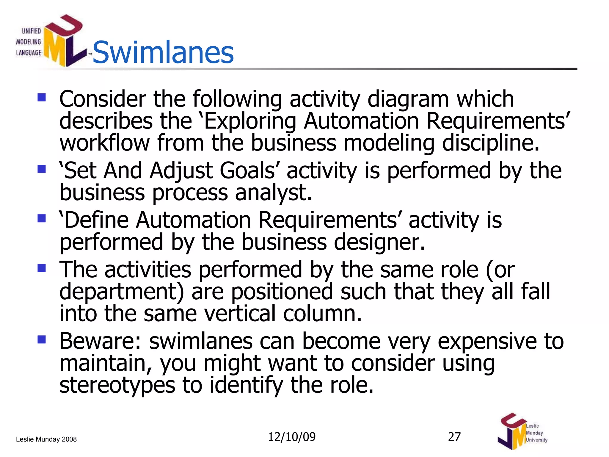 Swimlanes Consider the following activity diagram which describes the ‘Exploring Automation Requirements’ workflow from the business modeling discipline. ‘ Set And Adjust Goals’ activity is performed by the business process analyst. ‘ Define Automation Requirements’ activity is performed by the business designer. The activities performed by the same role (or department) are positioned such that they all fall into the same vertical column. Beware: swimlanes can become very expensive to maintain, you might want to consider using stereotypes to identify the role. 06/08/09 