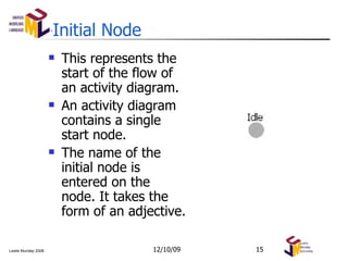 Initial Node This represents the start of the flow of an activity diagram.  An activity diagram contains a single start node.  The name of the initial node is entered on the node. It takes the form of an adjective. 06/08/09 