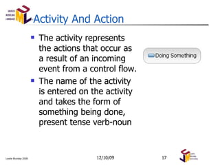 Activity And Action The activity represents the actions that occur as a result of an incoming event from a control flow.  The name of the activity is entered on the activity and takes the form of something being done, present tense verb-noun 06/08/09 