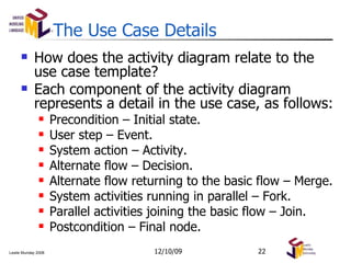 The Use Case Details How does the activity diagram relate to the use case template? Each component of the activity diagram represents a detail in the use case, as follows: Precondition – Initial state. User step – Event. System action – Activity. Alternate flow – Decision. Alternate flow returning to the basic flow – Merge. System activities running in parallel – Fork. Parallel activities joining the basic flow – Join. Postcondition – Final node. 06/08/09 