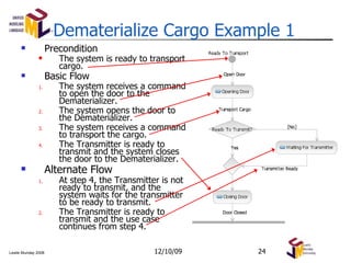 Dematerialize Cargo Example 1 Precondition The system is ready to transport cargo. Basic Flow The system receives a command to open the door to the Dematerializer. The system opens the door to the Dematerializer. The system receives a command to transport the cargo. The Transmitter is ready to transmit and the system closes the door to the Dematerializer. Alternate Flow At step 4, the Transmitter is not ready to transmit, and the system waits for the transmitter to be ready to transmit. The Transmitter is ready to transmit and the use case continues from step 4. 06/08/09 