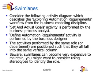 Swimlanes Consider the following activity diagram which describes the ‘Exploring Automation Requirements’ workflow from the business modeling discipline. ‘ Set And Adjust Goals’ activity is performed by the business process analyst. ‘ Define Automation Requirements’ activity is performed by the business designer. The activities performed by the same role (or department) are positioned such that they all fall into the same vertical column. Beware: swimlanes can become very expensive to maintain, you might want to consider using stereotypes to identify the role. 06/08/09 