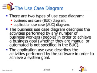 The Use Case Diagram There are two types of use case diagram: business use case (BUC) diagram. application use case (AUC) diagram. The business use case diagram describes the activities performed by any number of  business workers (people) in order to achieve a business goal (whether they are manual or automated is not specified in the BUC). The application use case describes the activities performed by the software in order to achieve a system goal. 06/08/09 