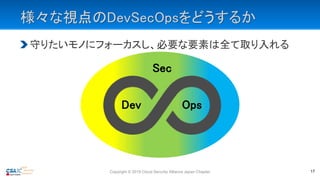 様々な視点のDevSecOpsをどうするか
守りたいモノにフォーカスし、必要な要素は全て取り入れる
Copyright © 2019 Cloud Security Alliance Japan Chapter 17
Sec
Dev Ops
 