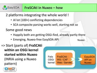 FraSCAti in Nuxeo – how
   2 platforms integrating the whole world !
         • Al lot (100+) conflicting dependencies
         • SCA composite parsing works well, starting not so
   Some good news
         • Happily both are getting OSGi-fied, already partly there
         • Emerging, Nuxeo-free EasySOA API                  Nuxeo

=> Start (parts of) FraSCAti
  within an OSGi kernel
  started within Nuxeo               Felix    FraSCAti :          EasySOA
  (INRIA using a Nuxeo               OSGi     WS / CXF            API on
                                     kernel   Web / Servlet…      Nuxeo
  pattern)
                                                       14
   24/11/2011
 