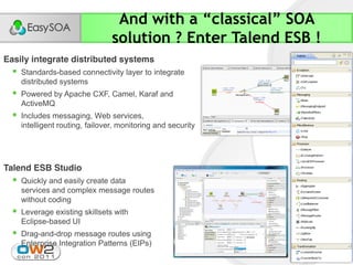And with a “classical” SOA
                                  solution ? Enter Talend ESB !
Easily integrate distributed systems
     Standards-based connectivity layer to integrate
      distributed systems
     Powered by Apache CXF, Camel, Karaf and
      ActiveMQ
     Includes messaging, Web services,
      intelligent routing, failover, monitoring and security




Talend ESB Studio
     Quickly and easily create data
      services and complex message routes
      without coding
     Leverage existing skillsets with
      Eclipse-based UI
     Drag-and-drop message routes using
      Enterprise Integration Patterns (EIPs)
 