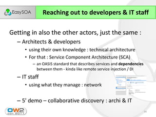 Reaching out to developers & IT staff

Getting in also the other actors, just the same :
  – Architects & developers
     • using their own knowledge : technical architecture
     • For that : Service Component Architecture (SCA)
         – an OASIS standard that describes services and dependencies
           between them - kinda like remote service injection / DI
  – IT staff
     • using what they manage : network


  – 5' demo – collaborative discovery : archi & IT
                                                                        34
 