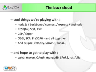 The buzz cloud

– cool things we're playing with :
   •   node.js / backbone / connect / express / antinode
   •   REST(ful) SOA, CXF
   •   CEP / Esper
   •   OSGi, SCA, FraSCAti - and all together
   •   And  eclipse,  velocity,  SOAPUI,  sonar…


– and hope to get to play with :
   • weka, maven, OAuth, mongodb, SPoRE, restfulie


                                                           59
 
