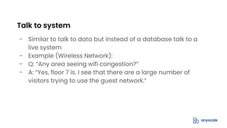 - Similar to talk to data but instead of a database talk to a
live system
- Example (Wireless Network):
- Q: “Any area seeing wifi congestion?”
- A: “Yes, floor 7 is. I see that there are a large number of
visitors trying to use the guest network.”
Talk to system
 