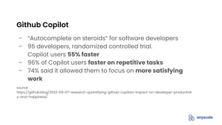 - “Autocomplete on steroids” for software developers
- 95 developers, randomized controlled trial.
Copilot users 55% faster
- 96% of Copilot users faster on repetitive tasks
- 74% said it allowed them to focus on more satisfying
work
source:
https://github.blog/2022-09-07-research-quantifying-github-copilots-impact-on-developer-productivit
y-and-happiness/
Github Copilot
 