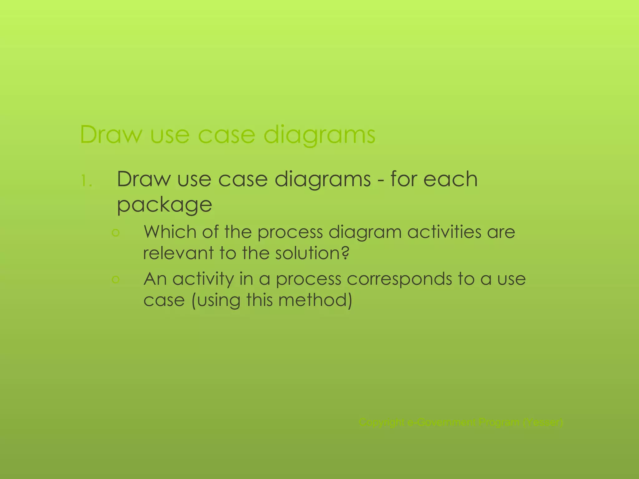 Draw use case diagrams Draw use case diagrams - for each package Which of the process diagram activities are relevant to the solution? An activity in a process corresponds to a use case (using this method) Copyright e-Government Program (Yesser) 