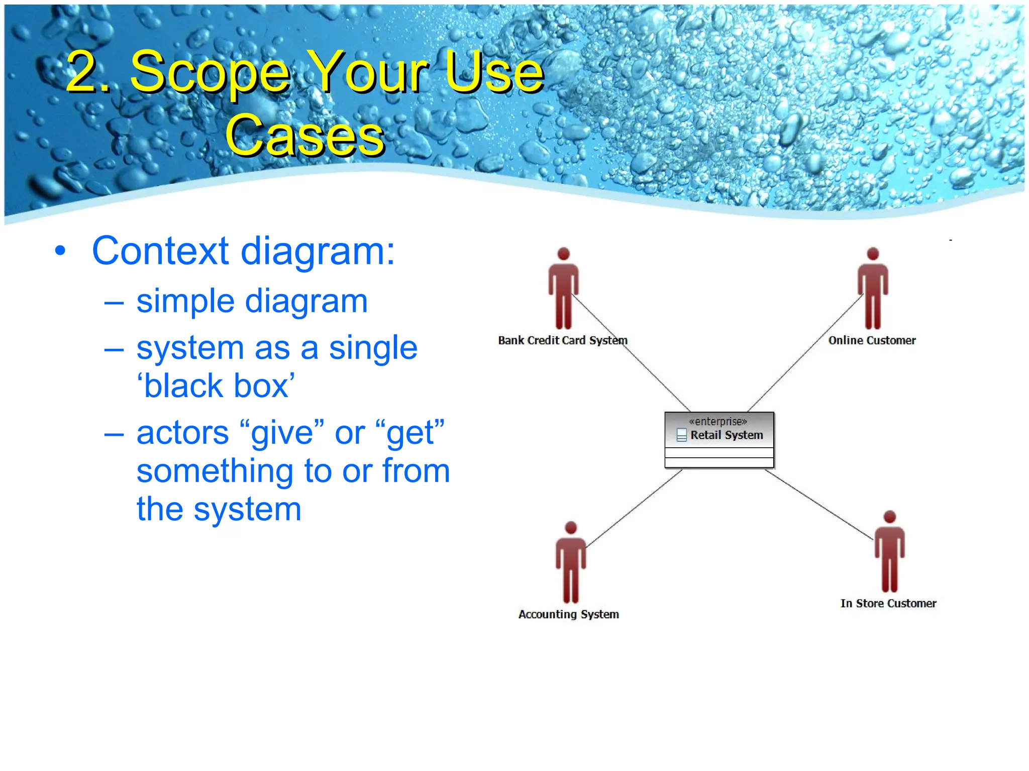 2. Scope Your Use Cases Context diagram: simple diagram system as a single ‘black box’ actors “give” or “get” something to or from the system 