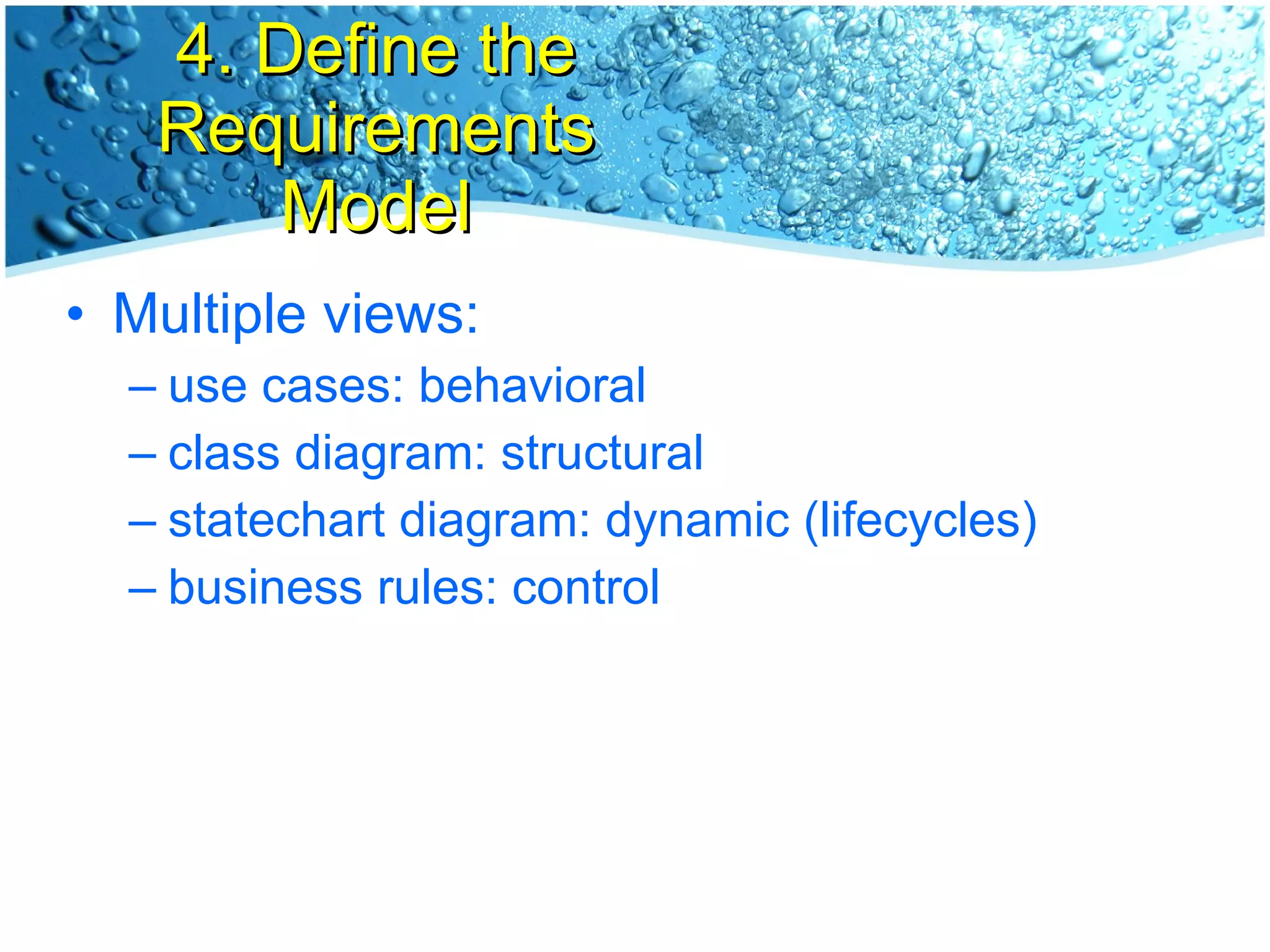 4. Define the Requirements Model Multiple views: use cases: behavioral class diagram: structural statechart diagram: dynamic (lifecycles) business rules: control 