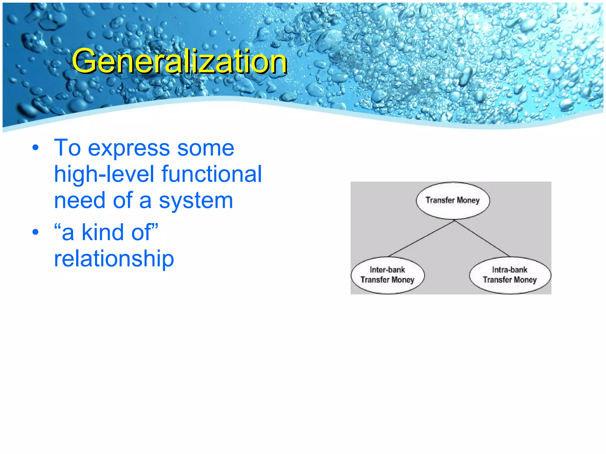 Generalization To express some high-level functional need of a system “ a kind of” relationship 