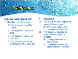 Extensions Approver approve a task Main Success Scenario The approver open My Tasks The approver choose a task The approver approves the task The system returns the approver to My Tasks list Extensions 3a  The task has been approved by another approver 3a1 The system returns error message to the approver 3b  The approver decides to postpone the approval process 3b1  The approver click the ‘Back’ button 3b2  The system returns the approver to My Tasks list 