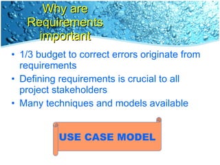 Why are Requirements important 1/3 budget to correct errors originate from requirements Defining requirements is crucial to all project stakeholders Many techniques and models available USE CASE MODEL 