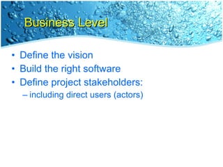 Business Level <ul><li>Define the vision </li></ul><ul><li>Build the right software </li></ul><ul><li>Define project stake...