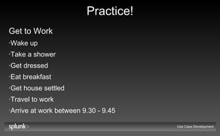 Practice! Get to Work Wake up Take a shower Get dressed Eat breakfast Get house settled Travel to work Arrive at work between 9.30 - 9.45 Use Case Development 