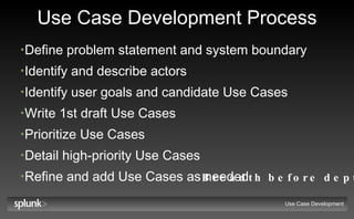 Use Case Development Process Define problem statement and system boundary Identify and describe actors Identify user goals and candidate Use Cases Write 1st draft Use Cases Prioritize Use Cases Detail high-priority Use Cases Refine and add Use Cases as needed Use Case Development Breadth before depth 