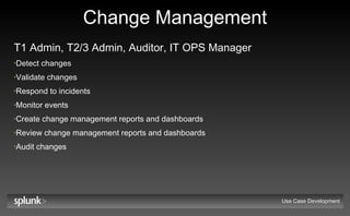 Change Management T1 Admin, T2/3 Admin, Auditor, IT OPS Manager Detect changes Validate changes Respond to incidents Monitor events Create change management reports and dashboards Review change management reports and dashboards Audit changes Use Case Development 
