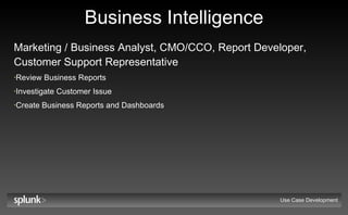 Business Intelligence Marketing / Business Analyst, CMO/CCO, Report Developer, Customer Support Representative Review Business Reports Investigate Customer Issue Create Business Reports and Dashboards Use Case Development 