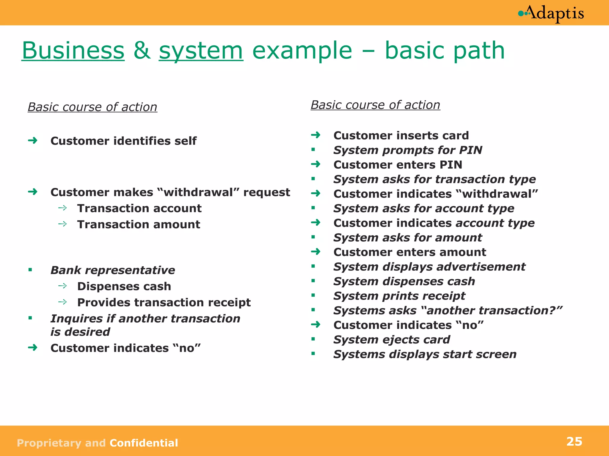 Business  &  system  example – basic path Basic course of action Customer identifies self Customer makes “withdrawal” request  Transaction account Transaction amount Bank representative  Dispenses cash Provides transaction receipt Inquires if another transaction  is desired Customer indicates “no” Basic course of action Customer inserts card System prompts for PIN Customer enters PIN System asks for transaction type Customer indicates “withdrawal” System asks for account type Customer indicates  account type System asks for amount Customer enters amount System displays advertisement System dispenses cash System prints receipt Systems asks “another transaction?” Customer indicates “no” System ejects card Systems displays start screen 