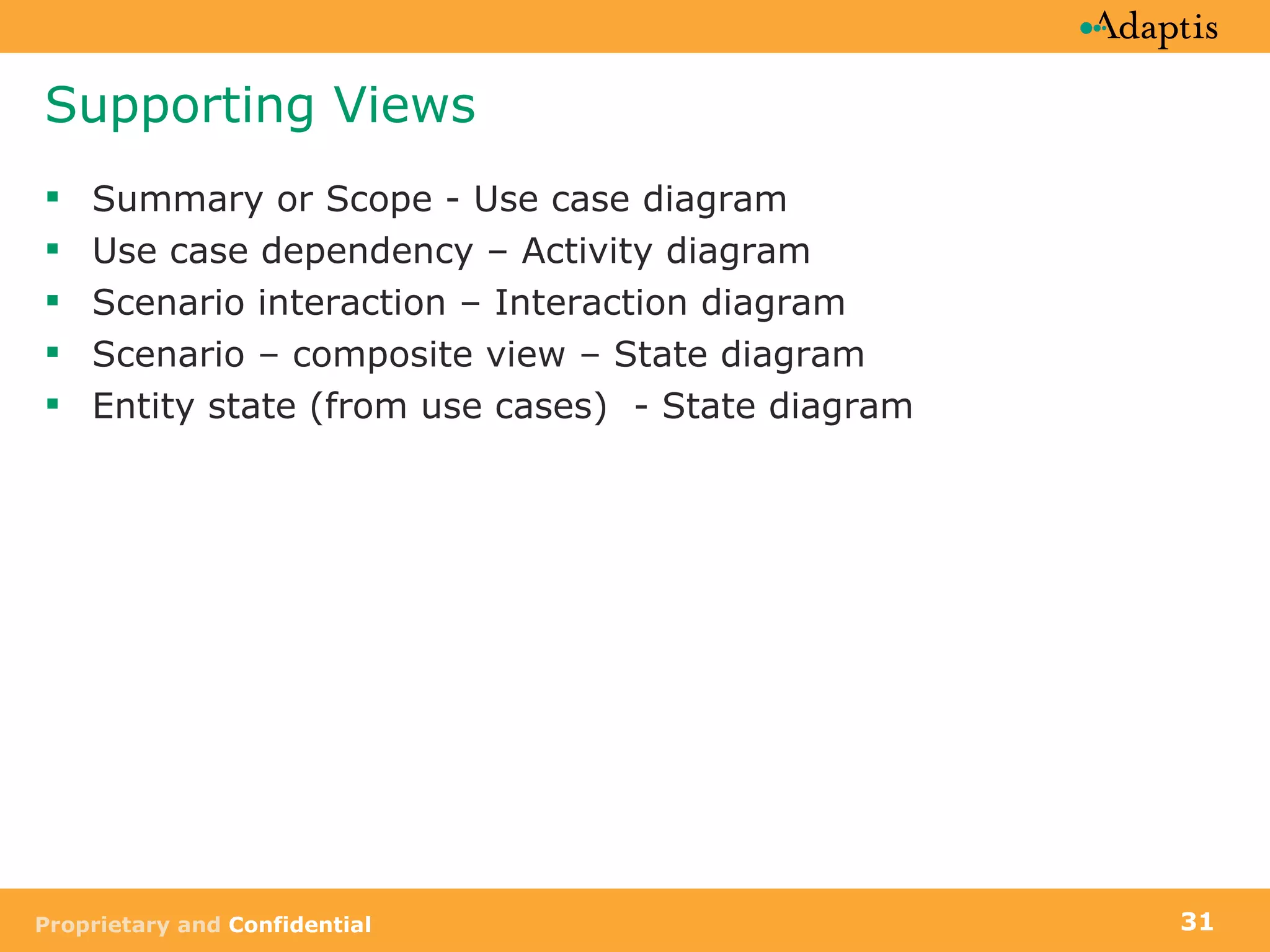 Supporting Views Summary or Scope - Use case diagram Use case dependency – Activity diagram Scenario interaction – Interaction diagram Scenario – composite view – State diagram Entity state (from use cases)  - State diagram 