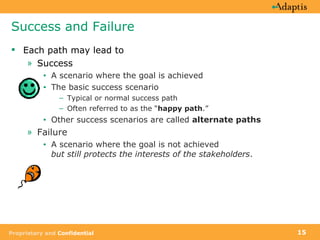 Success and Failure Each path may lead to Success A scenario where the goal is achieved The basic success scenario  Typical or normal success path Often referred to as the “ happy path .” Other success scenarios are called  alternate paths Failure A scenario where the goal is not achieved but still protects the interests of the stakeholders . 