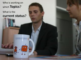 Who is working on
which Topics?
What is the
current status?
 