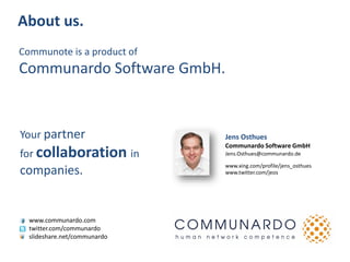 About us.
Communote is a product of
Communardo Software GmbH.


Your partner                  Jens Osthues
                              Communardo Software GmbH
for collaboration in          Jens.Osthues@communardo.de

                              www.xing.com/profile/jens_osthues
companies.                    www.twitter.com/jeos




  www.communardo.com
  twitter.com/communardo
  slideshare.net/communardo
 