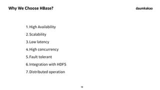 13
Why We Choose HBase?
1. High Availability
2.Scalability
3.Low latency
4.High concurrency
5.Fault tolerant
6.Integration...