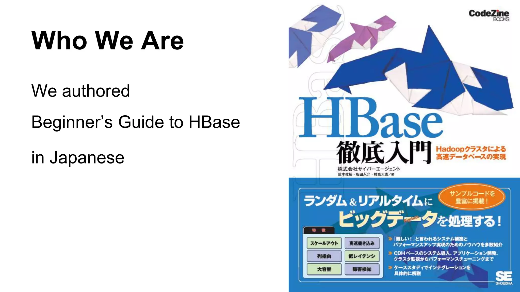 Who We Are
We authored
Beginner’s Guide to HBase
in Japanese
 